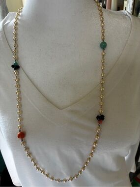 Sabika Gold pearl Beaded Long Necklace with Green and Coral Accents